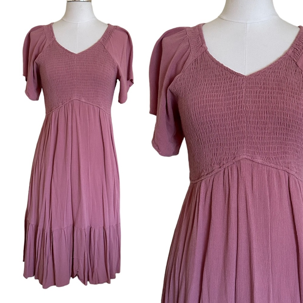 Kranda Dusty Rose Pink Smocked Fit/Flare Flutter Sleeve Dress Small